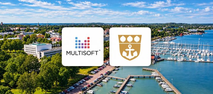 Bild på Mariehamn med Mariehamns logo och Multisofts logo