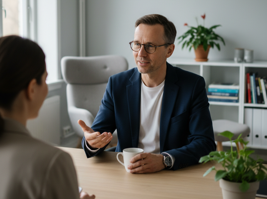 Man sitter och pratar med kvinna vid skrivbord