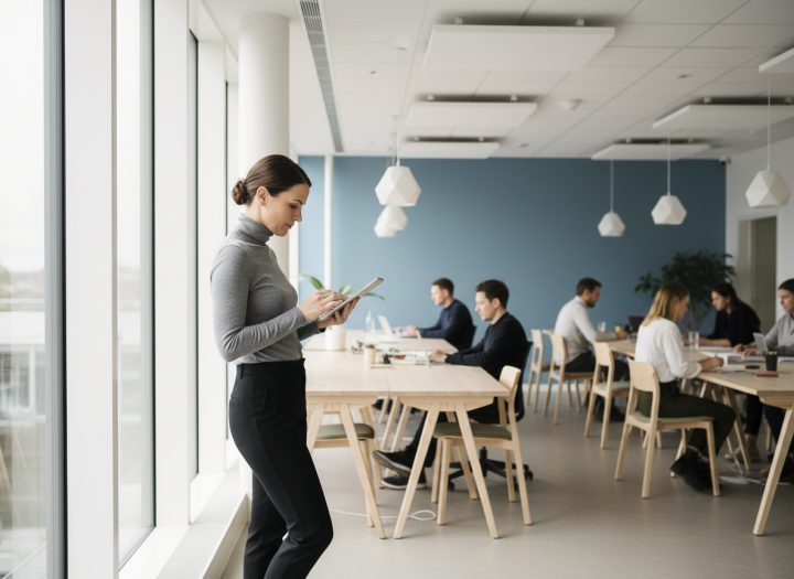 Kvinna står mot fönster på ett kontor med kollegor sittandes vid bord i bakgrunden